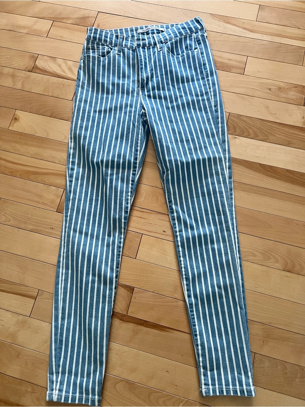 Celebrity Pink Blue and White Vertical Stripe Jeans 7/28